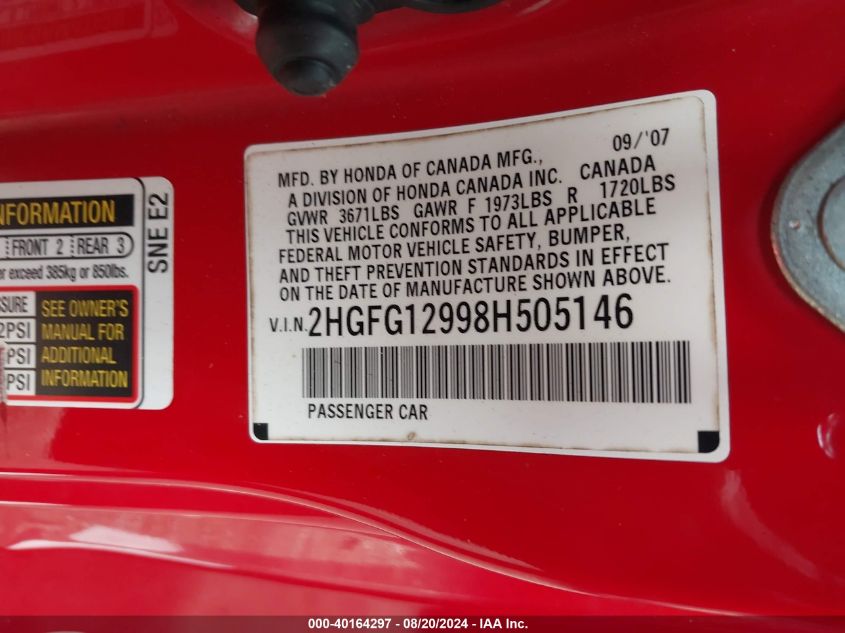 2008 Honda Civic Ex-L VIN: 2HGFG12998H505146 Lot: 40164297