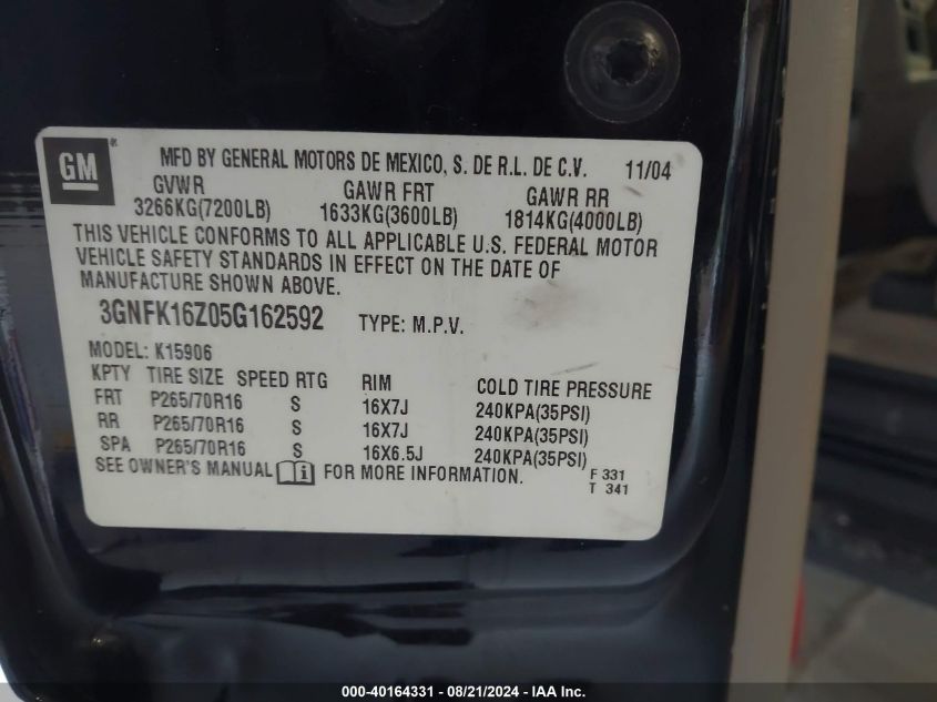 2005 Chevrolet Suburban 1500 Ls VIN: 3GNFK16Z05G162592 Lot: 40164331
