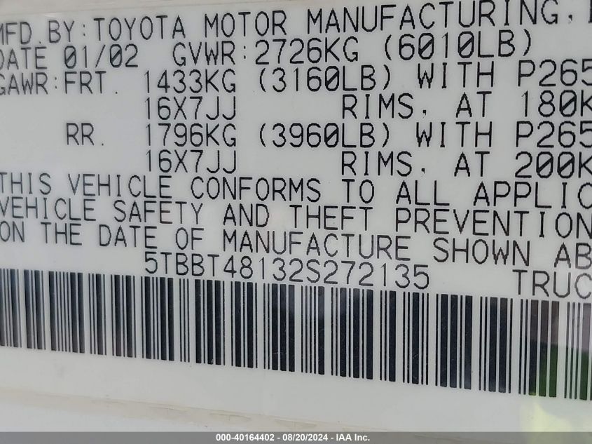 2002 Toyota Tundra Ltd V8 VIN: 5TBBT48132S272135 Lot: 40164402