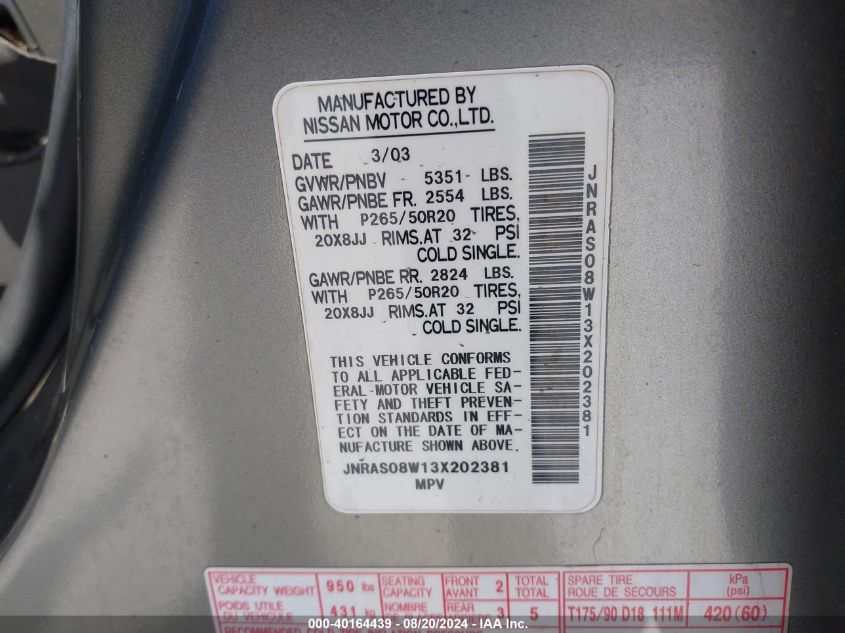 2003 Infiniti Fx35 VIN: JNRAS08W13X202381 Lot: 40164439