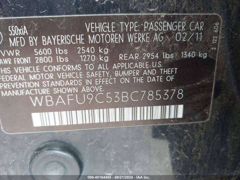 2011 BMW 550I xDrive VIN: WBAFU9C53BC785378 Lot: 40164455