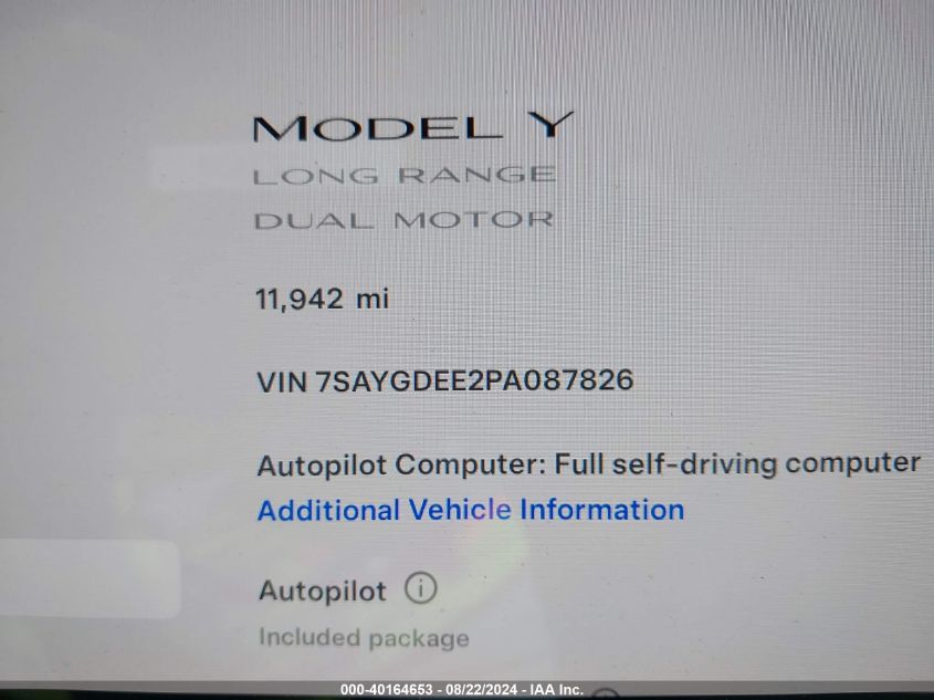 2023 Tesla Model Y Awd/Long Range Dual Motor All-Wheel Drive VIN: 7SAYGDEE2PA087826 Lot: 40164653