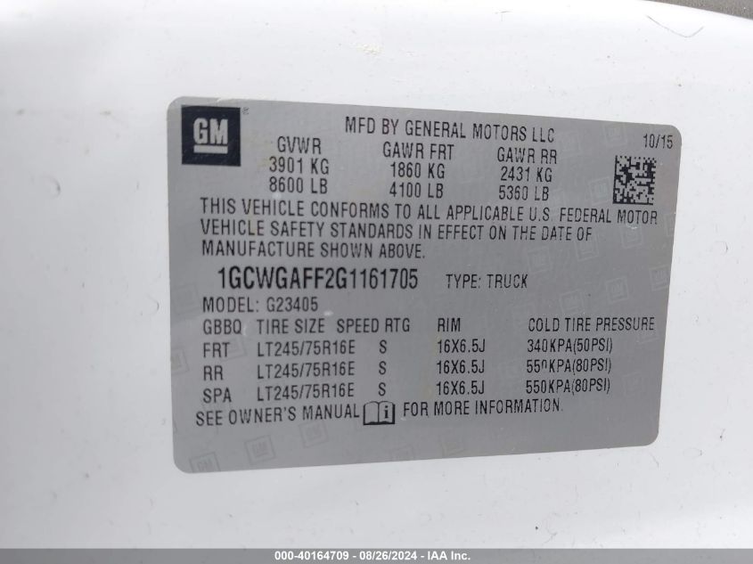 2016 Chevrolet Express 2500 Work Van VIN: 1GCWGAFF2G1161705 Lot: 40164709