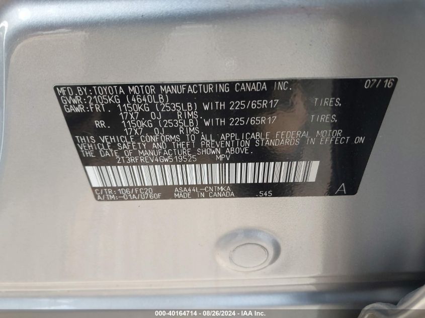 2016 TOYOTA RAV4 XLE - 2T3RFREV4GW519525