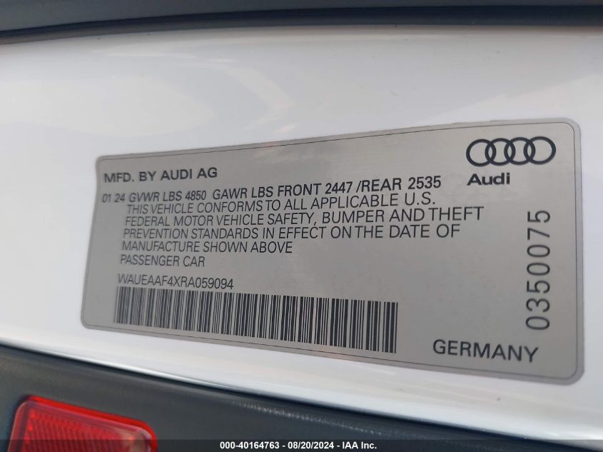 2024 Audi A4 Premium Plus 45 Tfsi S Line Quattro S Tronic VIN: WAUEAAF4XRA059094 Lot: 40164763