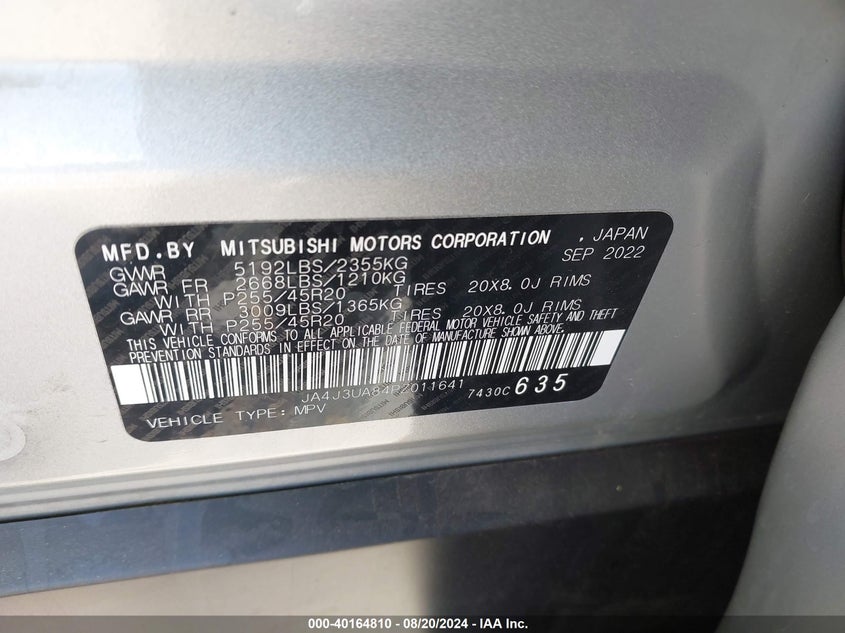 2023 Mitsubishi Outlander Se 2.5 2Wd/Se Black Edition 2Wd/Se Special Edition 2Wd VIN: JA4J3UA84PZ011641 Lot: 40164810