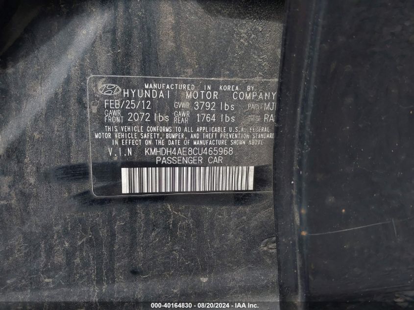 2012 Hyundai Elantra Gls (Ulsan Plant) VIN: KMHDH4AE8CU465968 Lot: 40164830