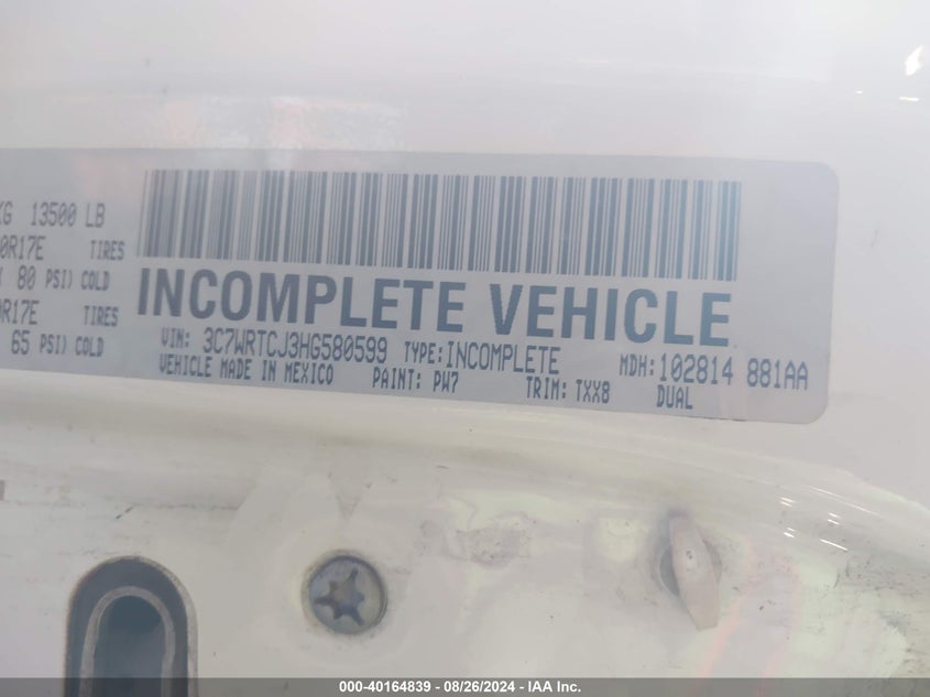 2017 Ram 3500 Chassis Tradesman/Slt/Laramie VIN: 3C7WRTCJ3HG580599 Lot: 40164839