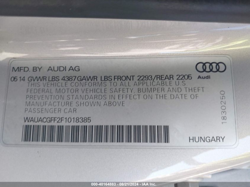 2015 Audi A3 Premium VIN: WAUACGFF2F1018385 Lot: 40164883