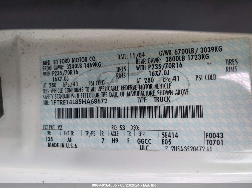 2005 Ford E-150 Commercial/Recreational VIN: 1FTRE14L85HA68672 Lot: 40164885