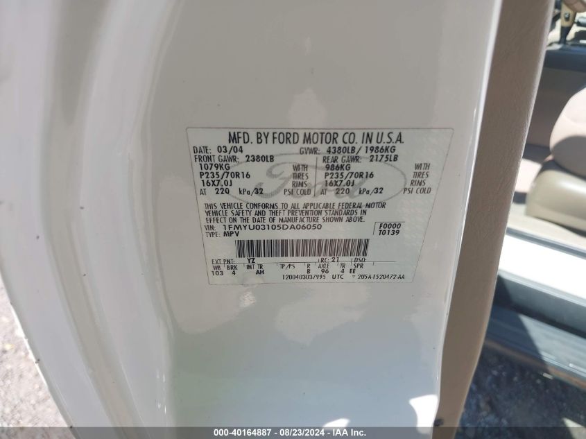 2005 Ford Escape Xlt VIN: 1FMYU03105DA06050 Lot: 40164887