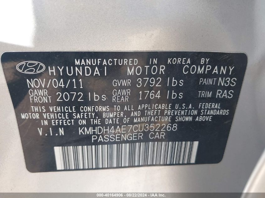 2012 Hyundai Elantra Gls (Ulsan Plant) VIN: KMHDH4AE7CU352268 Lot: 40164906