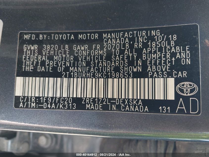 VIN 2T1BURHE9KC198653 2019 TOYOTA COROLLA SE