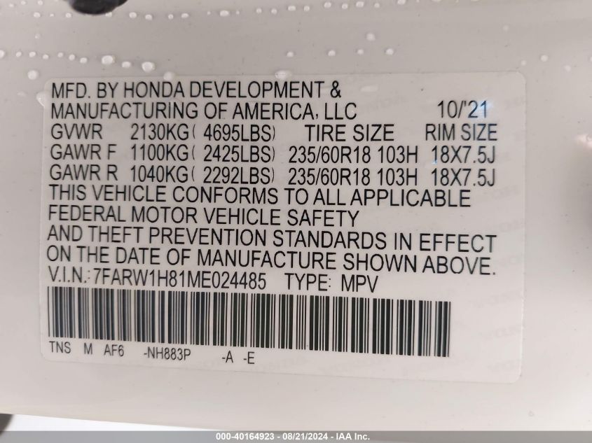 2021 Honda Cr-V Exl VIN: 7FARW1H81ME024485 Lot: 40164923