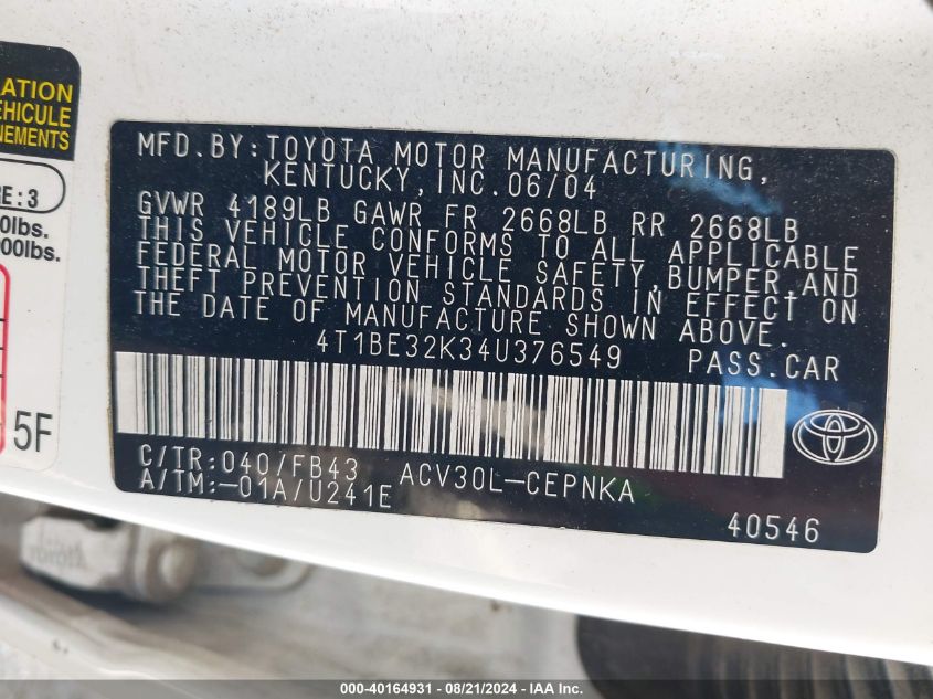 2004 Toyota Camry Le VIN: 4T1BE32K34U376549 Lot: 40164931