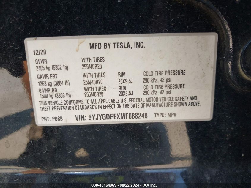 2021 Tesla Model Y Long Range Dual Motor All-Wheel Drive VIN: 5YJYGDEEXMF088248 Lot: 40164969