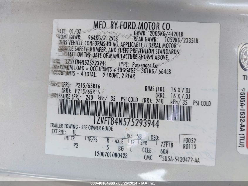2007 Ford Mustang V6 Deluxe/V6 Premium VIN: 1ZVFT84N575293944 Lot: 40164989