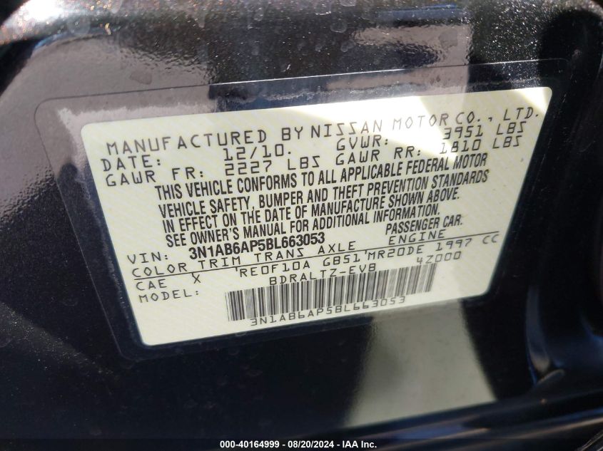 2011 Nissan Sentra 2.0S VIN: 3N1AB6AP5BL663053 Lot: 40164999