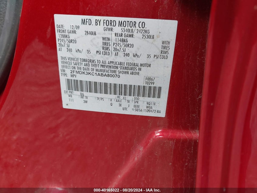 2010 Ford Edge Limited VIN: 2FMDK3KC1ABA80070 Lot: 40165022