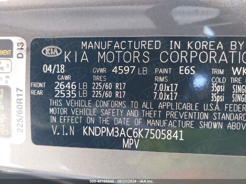 KNDPM3AC6K7505841 2019 Kia Sportage Lx