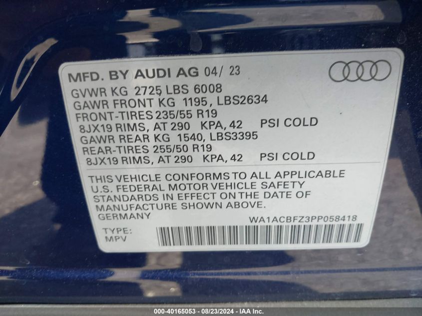 2023 Audi Q4 E-Tron Premium 40 Rwd VIN: WA1ACBFZ3PP058418 Lot: 40165053