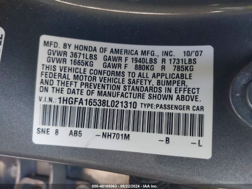 2008 Honda Civic Sdn Lx VIN: 1HGFA16538L021310 Lot: 40165063
