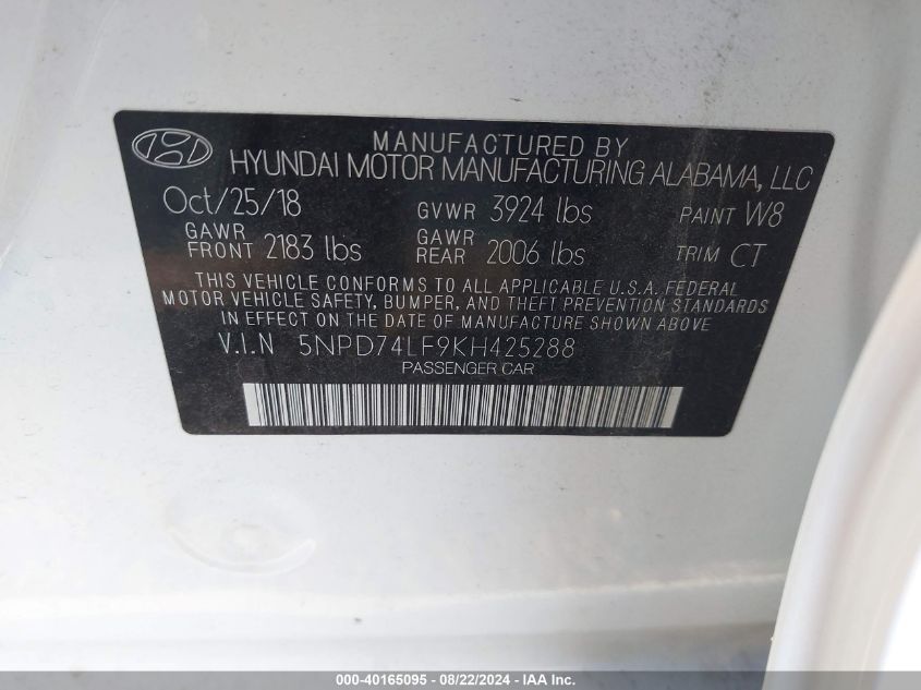 2019 Hyundai Elantra Se VIN: 5NPD74LF9KH425288 Lot: 40165095