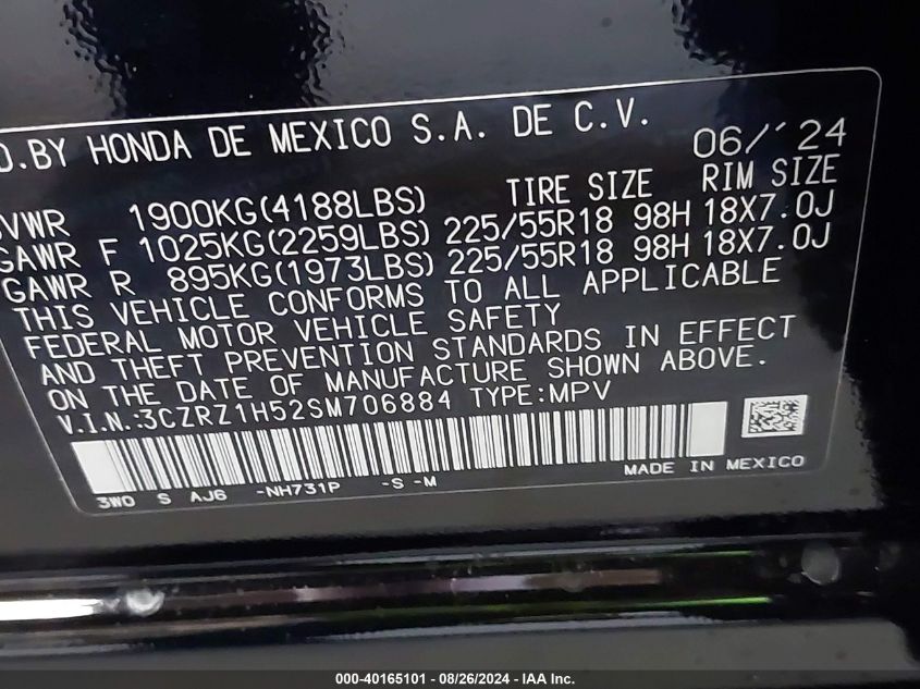 2025 Honda Hr-V 2Wd Sport VIN: 3CZRZ1H52SM706884 Lot: 40165101