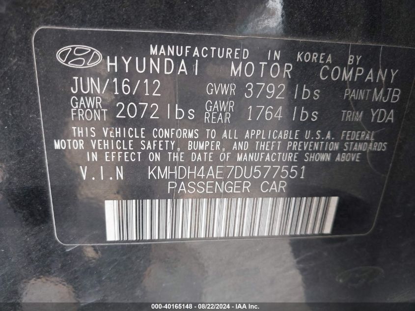 2013 Hyundai Elantra Gls VIN: KMHDH4AE7DU577551 Lot: 40165148