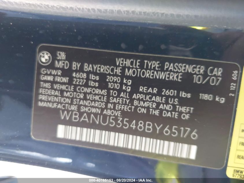 2008 BMW 528I VIN: WBANU53548BY65176 Lot: 40165153