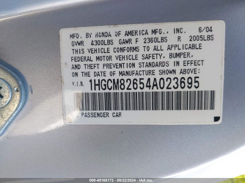 2004 Honda Accord 3.0 Ex VIN: 1HGCM82654A023695 Lot: 40165172