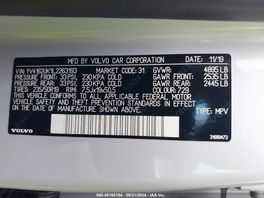 VIN YV4162UK1L2263193 2020 VOLVO XC40 T5 MOMENTUM