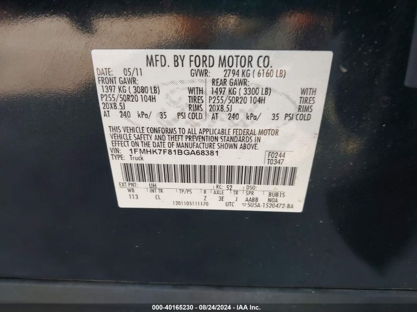 2011 Ford Explorer Limited VIN: 1FMHK7F81BGA68381 Lot: 40165230