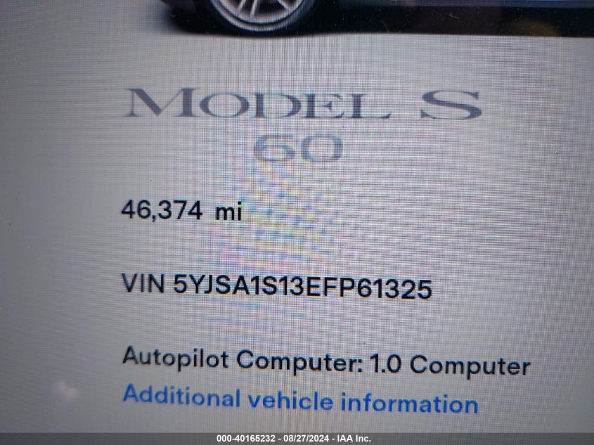 2014 Tesla Model S VIN: 5YJSA1S13EFP61325 Lot: 40165232