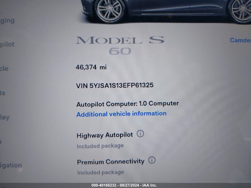 2014 Tesla Model S VIN: 5YJSA1S13EFP61325 Lot: 40165232