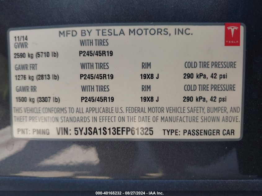 2014 Tesla Model S VIN: 5YJSA1S13EFP61325 Lot: 40165232