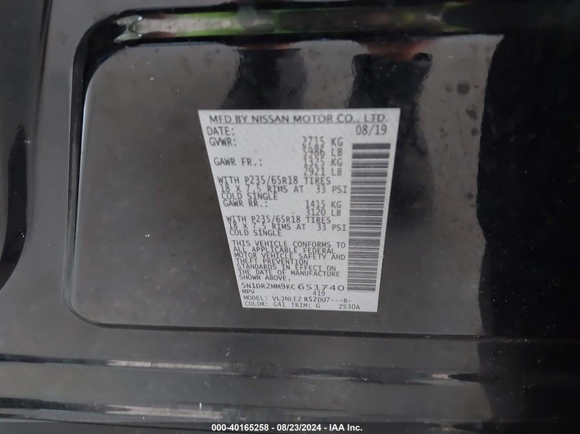 VIN 5N1DR2MM9KC651740 2019 NISSAN PATHFINDER SV