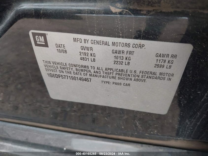 2009 Cadillac Cts Standard VIN: 1G6DF577190149467 Lot: 40165265