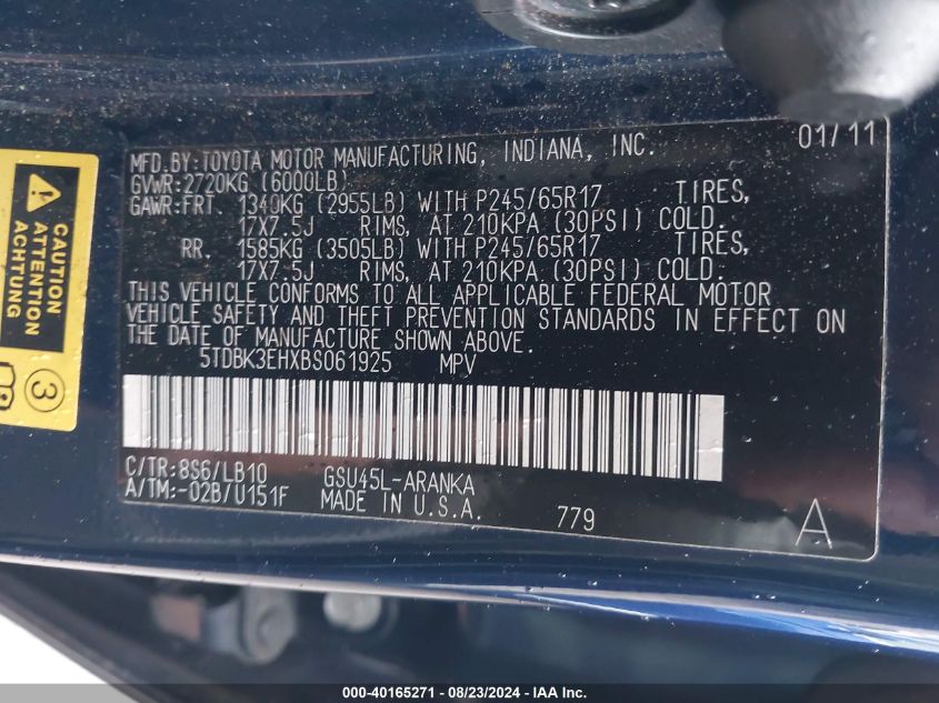 2011 Toyota Highlander Se V6 VIN: 5TDBK3EHXBS061925 Lot: 40165271