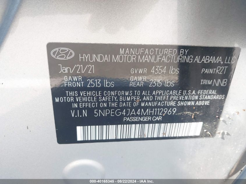 2021 Hyundai Sonata Se VIN: 5NPEG4JA4MH112969 Lot: 40165345