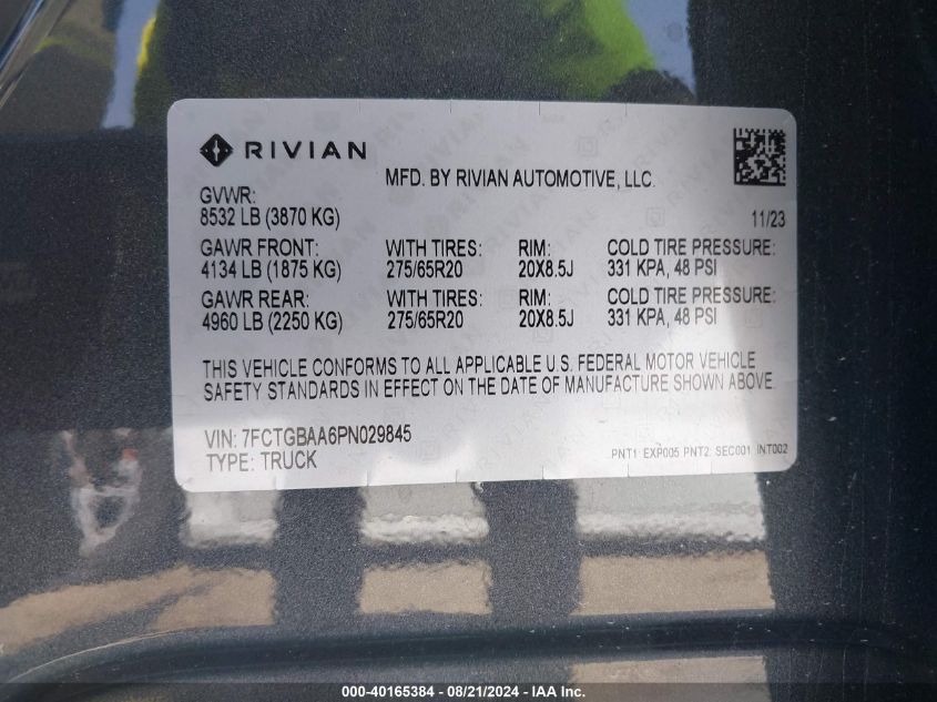 2023 Rivian R1T Adventure VIN: 7FCTGBAA6PN029845 Lot: 40165384