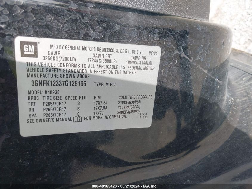 2007 Chevrolet Avalanche 1500 Lt VIN: 3GNFK12337G128196 Lot: 40165423