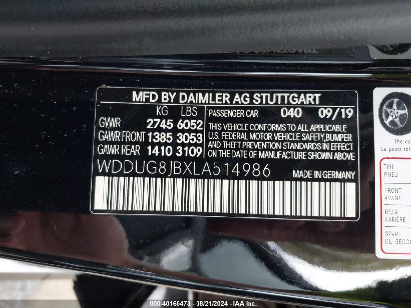 2020 Mercedes-Benz Amg S 63 4Matic VIN: WDDUG8JBXLA514986 Lot: 40165473