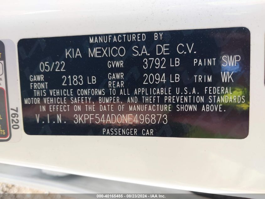 2022 KIA FORTE 2.0L I-4 DOHC, VVT, (VIN: 3KPF54AD0NE496873