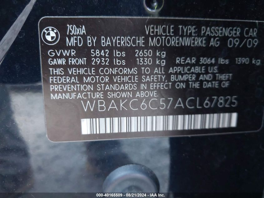 WBAKC6C57ACL67825 2010 BMW 750I xDrive