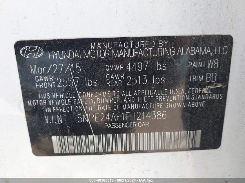 2015 HYUNDAI SONATA SE - 5NPE24AF1FH214386