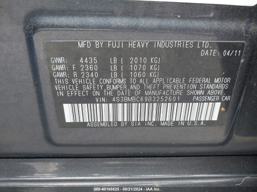 2011 Subaru Legacy 2.5I Premium VIN: 4S3BMBC69B3252601 Lot: 40165525