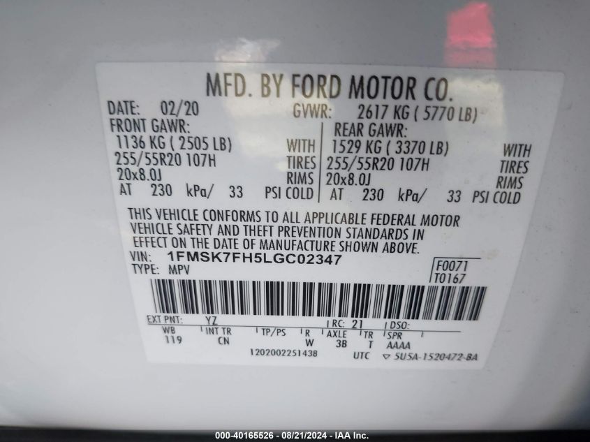 2020 Ford Explorer Limited VIN: 1FMSK7FH5LGC02347 Lot: 40165526