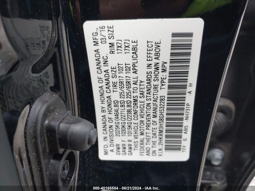 2HKRM3H58GH532283 2016 Honda Cr-V Ex