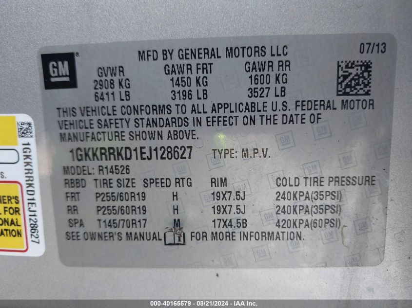2014 GMC Acadia Slt-1 VIN: 1GKKRRKD1EJ128627 Lot: 40165579